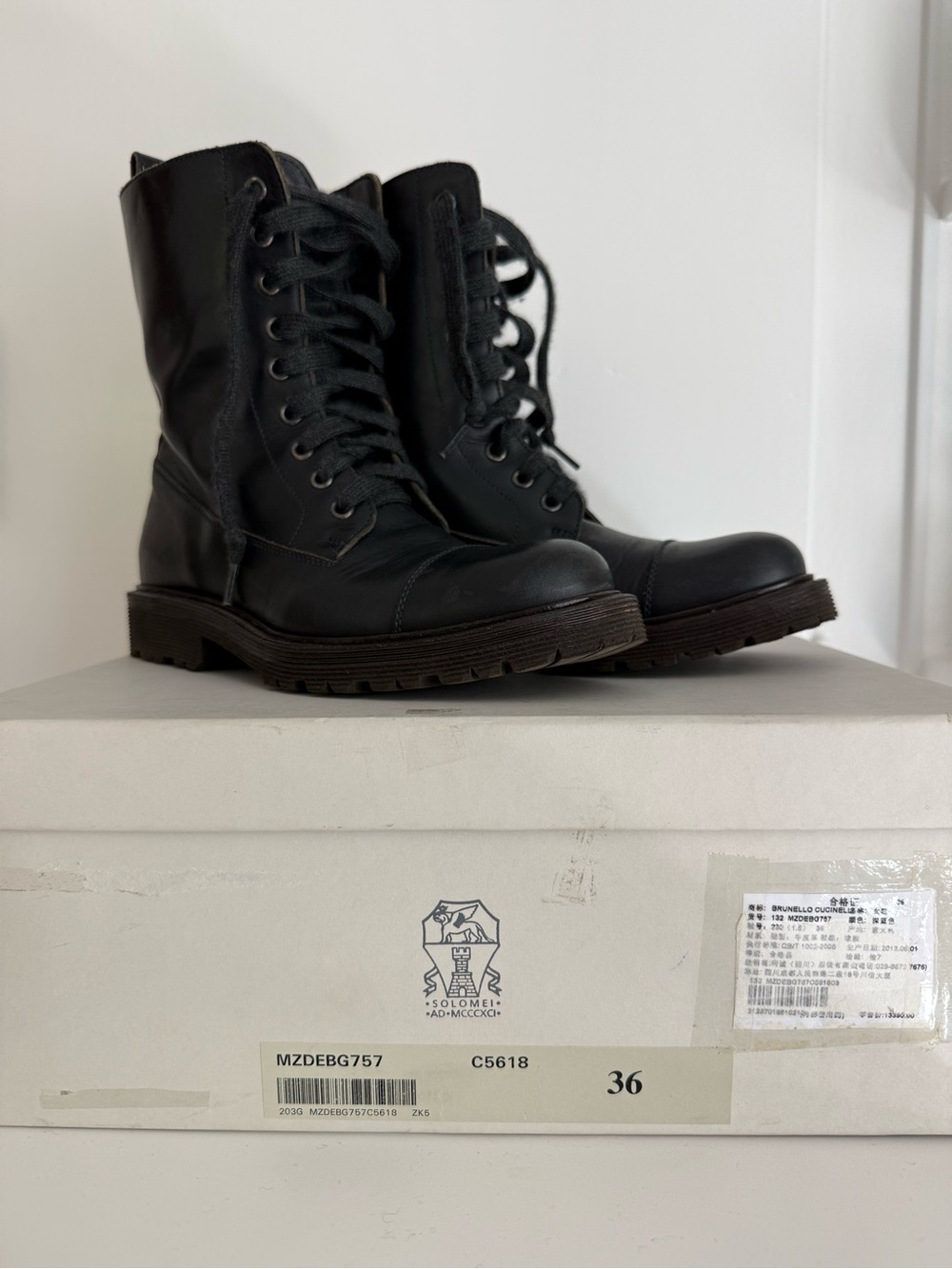 Brunello Cucinelli Monili Leather Combat Boots Black - size 36 (US 6)